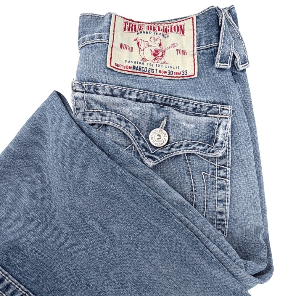 True Religion Marco Big T Jeans Mens 30 Light Wash Blue Distressed Straight